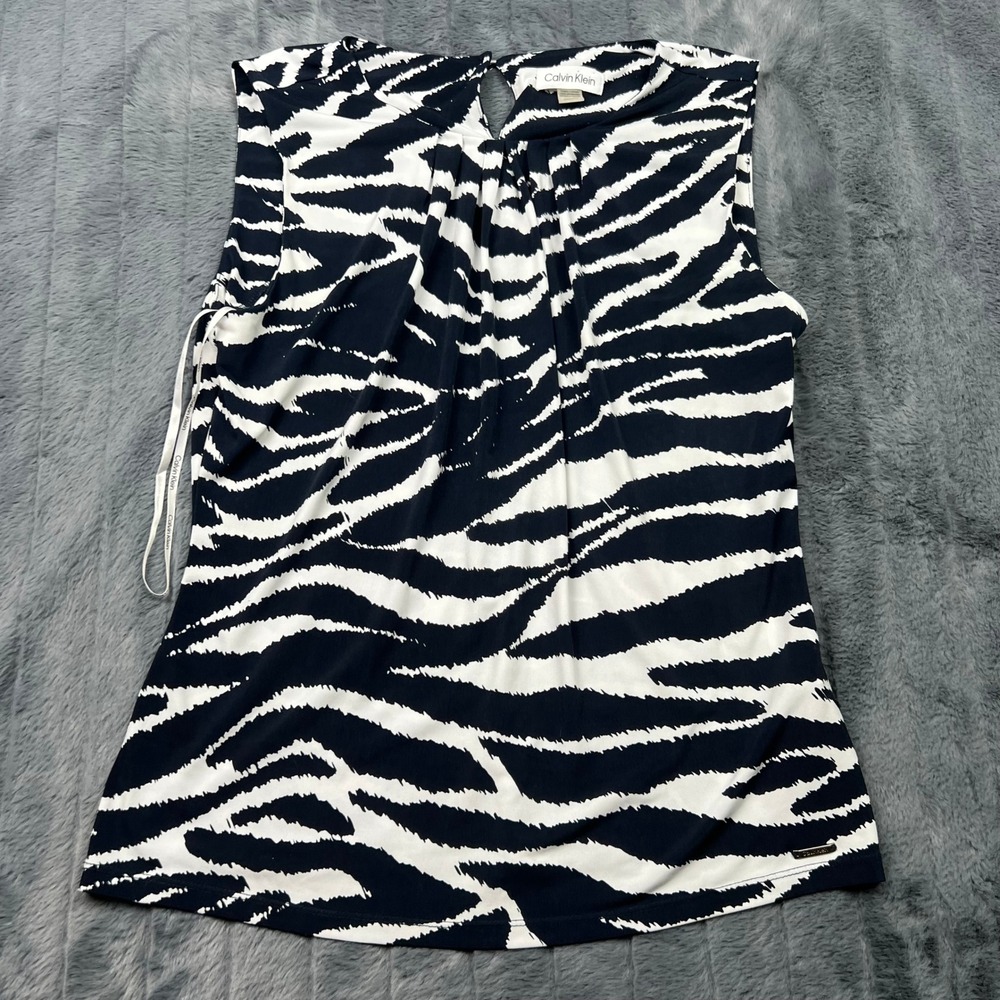 Calvin Klein Zebra Print Sleeveless Pleated Neck Blouse Black White Medium